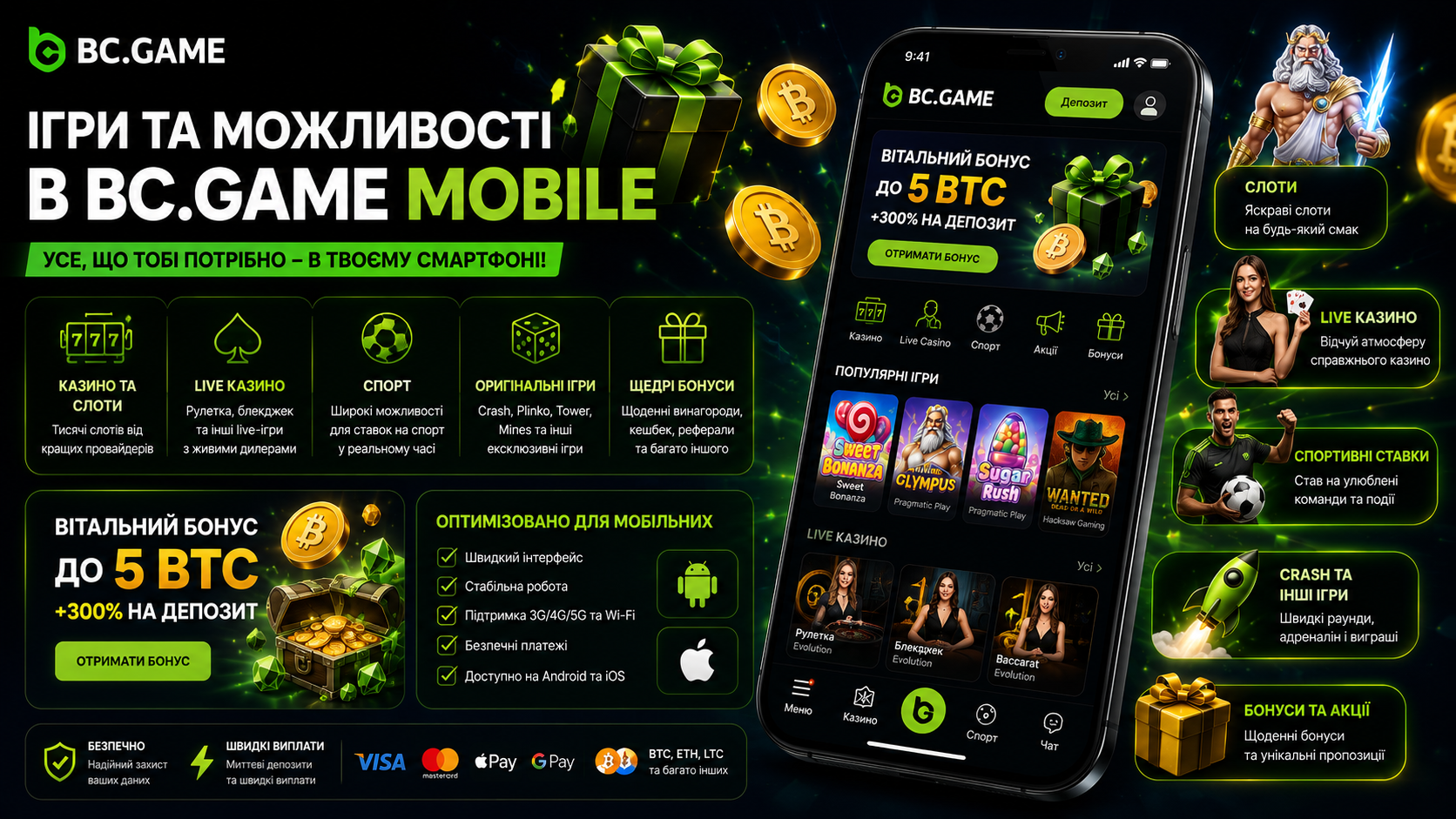 Ігри та можливості в BC.Game Mobile