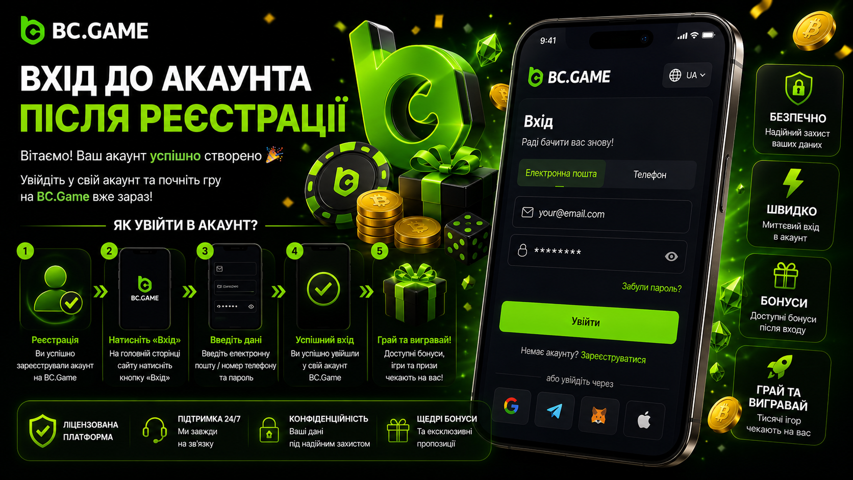 Вхід до акаунта після реєстрації